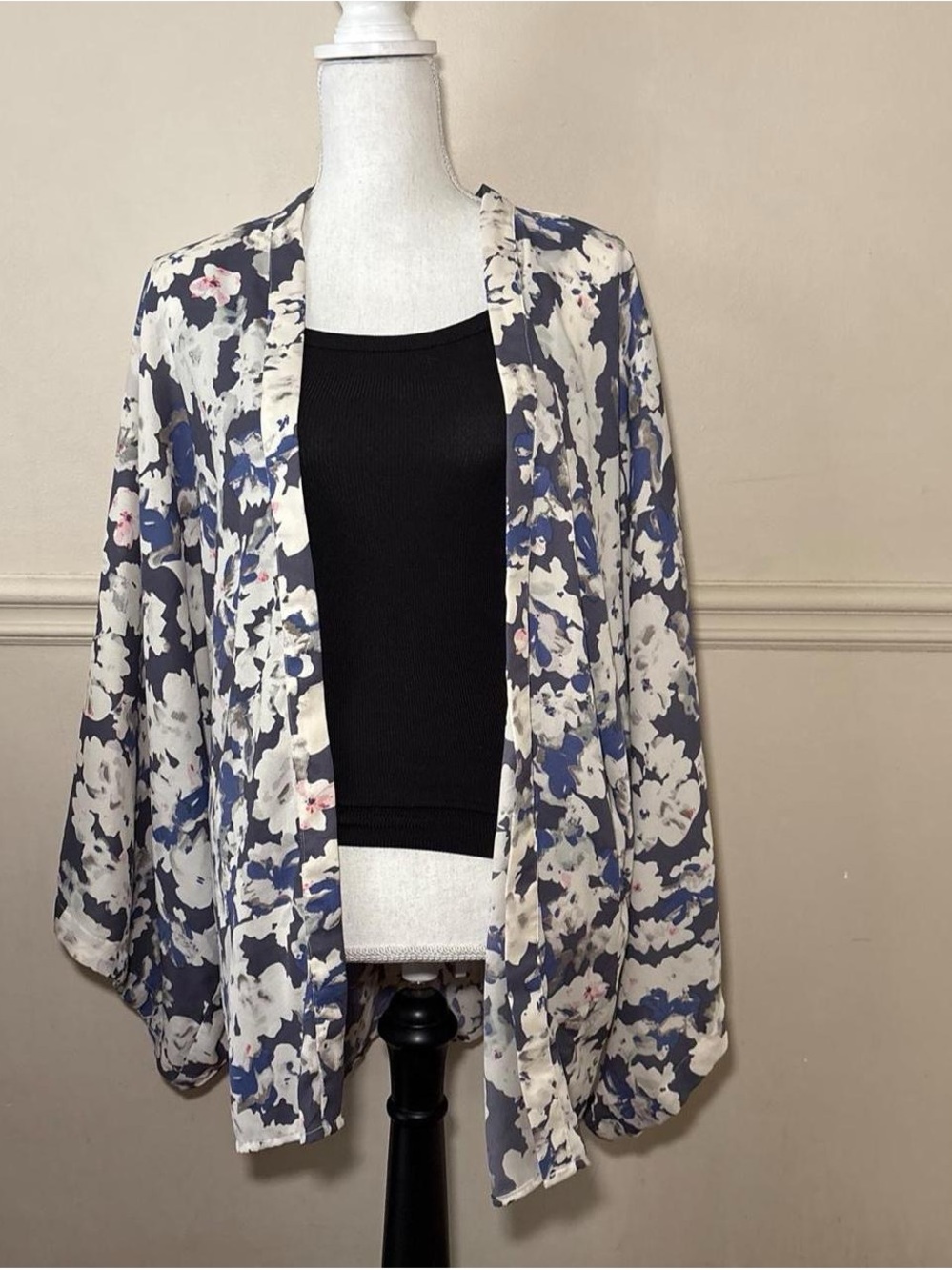 Floral Sheer Open Kimono Cardigan - Blue & Cream